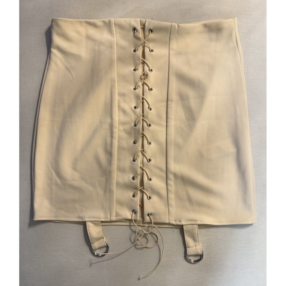 Missguided Beige Lace-Up Mini Skirt Faux Suede Bodycon UK 18 US 14